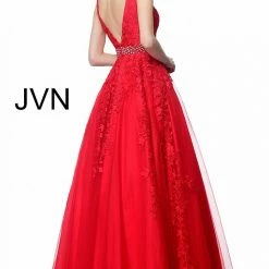 JVN By Jovani Jovani JVN68258 Long A Line Lace Prom Ballgown Dress Formal Plunging Neckline
