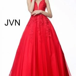 JVN By Jovani Ballgown Dresses Jovani JVN68258 Long A Line Lace Prom Ballgown Dress Formal Plunging Neckline