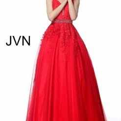 JVN By Jovani Jovani JVN68258 Long A Line Lace Prom Ballgown Dress Formal Plunging Neckline