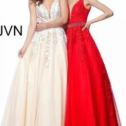 JVN By Jovani Jovani JVN68258 Long A Line Lace Prom Ballgown Dress Formal Plunging Neckline