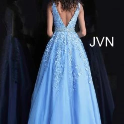 JVN By Jovani Jovani JVN68258 Long A Line Lace Prom Ballgown Dress Formal Plunging Neckline