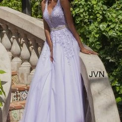 JVN By Jovani Jovani JVN68258 Long A Line Lace Prom Ballgown Dress Formal Plunging Neckline