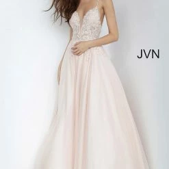 Discontinued Jovani JVN68272 Criss Cross Back Prom Dress Ballgown V Neckline Lace Bodice Tulle