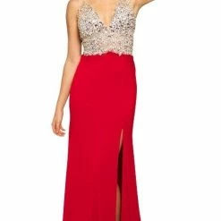 In Stock Jovani JVN86957 Size 8 Red Jersey Crystal Bodice Sheer Pageant Dress Slit