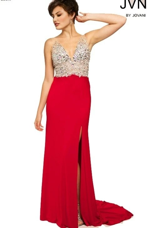 In Stock Jovani JVN86957 Size 8 Red Jersey Crystal Bodice Sheer Pageant Dress Slit 3 In Stock Jovani JVN86957 Size 8 Red Jersey Crystal Bodice Sheer Pageant Dress Slit