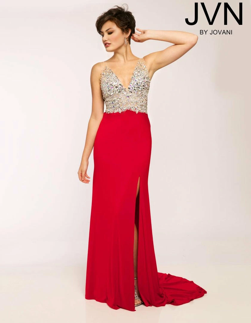 In Stock Jovani JVN86957 Size 8 Red Jersey Crystal Bodice Sheer Pageant Dress Slit 5 In Stock Jovani JVN86957 Size 8 Red Jersey Crystal Bodice Sheer Pageant Dress Slit