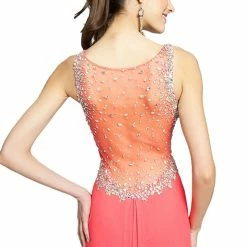 In Stock Backless Dresses Jovani JVN 94375 Size 8 Sheer Prom Dress V Neck Slit Backless Watermelon Gown