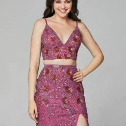 In Stock Primavera Couture 3647 Size 8 Raspberry Beaded Two Piece Prom Dress Backless Slit Backless Dresses