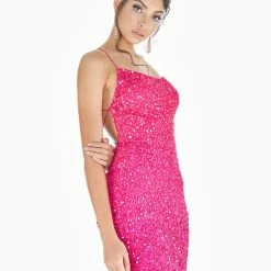 In Stock Ashley Lauren 4293 Fuchsia Cocktail Dress Size 10 Sequin Beaded Ombre Short With Corset
