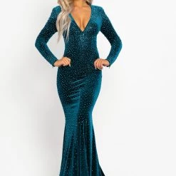 Johnathan Kayne 2045 Crystal Velvet Long Sleeve Prom Dress Pageant Gown With Train Long Sleeve Dresses