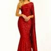 Sequin Dresses Johnathan Kayne 2190 Long Sequin Mermaid Prom Dress One Bell Sleeve Cape Gown