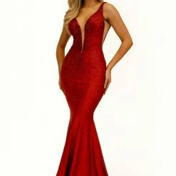 Johnathan Kayne 2305 Evening Pageant Prom Dress V Neckline Embellished Mermaid Train