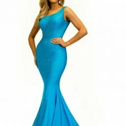 In Stock Johnathan Kayne 2318 Size 6 Prom Dress Turquoise One Shoulder Embellished Long Train Pageant Dress