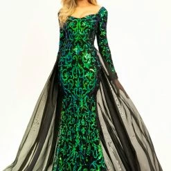 Discontinued Sequin Dresses Johnathan Kayne 2334 Magenta Pageant Dress Long Sleeves Overskirt