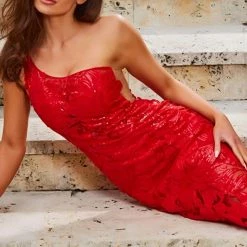 In Stock Jovani 02895 Size 8 Long Fitted One Shoulder Sheer Sequin Lace Prom Dress Pageant Gown Mermaid Dresses