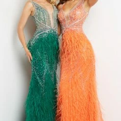 Jovani 03023 Sheer Feather Prom Dress Plunging Neckline Pageant Gown Embellished
