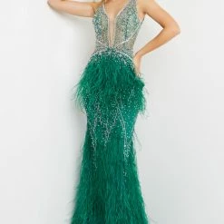 Mermaid Dresses Jovani 03023 Sheer Feather Prom Dress Plunging Neck Wedding Gown Pageant Gown