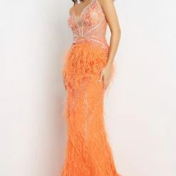 In Stock Mermaid Dresses Jovani 03023 Size 2 Sheer Feather Prom Dress Plunging Neck Wedding Gown Pageant Gown