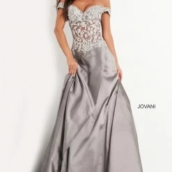 Jovani 03369 Grey Off The Shoulder Evening Dress Satin A Line Mother Of The Bride Gown