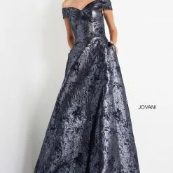Ballgown Dresses Jovani 03674 Navy Brocade Evening Dress Sweetheart Neckline Off The Shoulder Straps