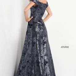 Ballgown Dresses Jovani 03674 Navy Brocade Evening Dress Sweetheart Neckline Off The Shoulder Straps