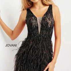 Backless Dresses Jovani 04619 Short Fitted Sheer Feather Cocktail Dress Plunging Neck Prom