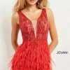 Backless Dresses Jovani 04619 Short Fitted Sheer Feather Cocktail Dress Plunging Neck Prom