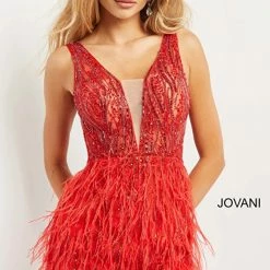 Backless Dresses Jovani 04619 Short Fitted Sheer Feather Cocktail Dress Plunging Neck Prom