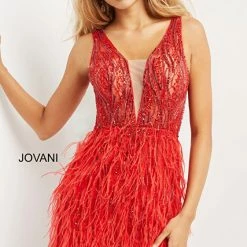 Backless Dresses Jovani 04619 Short Fitted Sheer Feather Cocktail Dress Plunging Neck Prom