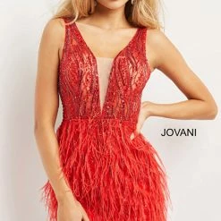 Backless Dresses Jovani 04619 Short Fitted Sheer Feather Cocktail Dress Plunging Neck Prom