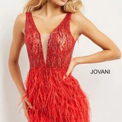 Backless Dresses Jovani 04619 Short Fitted Sheer Feather Cocktail Dress Plunging Neck Prom