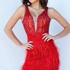 Backless Dresses Jovani 04619 Short Fitted Sheer Feather Cocktail Dress Plunging Neck Prom