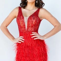 Backless Dresses Jovani 04619 Short Fitted Sheer Feather Cocktail Dress Plunging Neck Prom