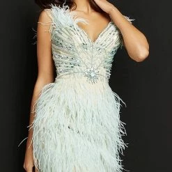 Jovani 04739 Light Blue Cocktail Dress Homecoming Dress Beaded Feathers V Neck