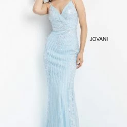Jovani 05752 Long Embellished Prom Dress Pageant Gown V Neckline Lace Spaghetti Straps