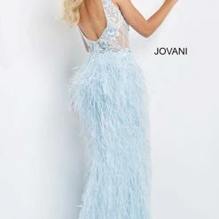 Jovani 06446 Long Fitted Feather Sheer Lace Formal Dress Prom Pageant Slit V Neck Backless Dresses