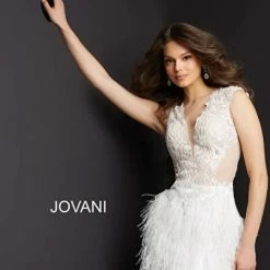 Jovani 06446 Long Feather Prom Dress Pageant Gown Sheer Embroidered Bodice Backless Slit