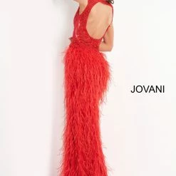 Jovani 06446 Long Feather Prom Dress Pageant Gown Sheer Embroidered Bodice Backless Slit