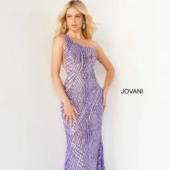 Mermaid Dresses Jovani 06517 Lilac Prom Dress Long Sequin Mermaid One Shoulder Fitted Geometric