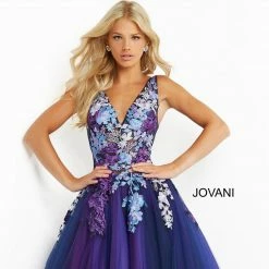 Ballgown Dresses Jovani 06807 Navy Multi Long Prom Dress Ballgown Embroidered Flowers Tulle Skirt