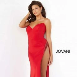 Jovani 07138 Prom Dress Strapless V Neckline Embellished High Side Slit Evening Gown