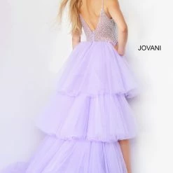 Jovani 07231 Long Ruffle Prom Dress V Neckline Embellished Bodice Layered Skirt High Low Pageant Gown