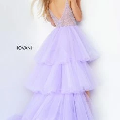 Jovani 07231 Long Ruffle Prom Dress V Neckline Embellished Bodice Layered Skirt High Low Pageant Gown