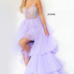 Jovani 07231 Long Ruffle Prom Dress V Neckline Embellished Bodice Layered Skirt High Low Pageant Gown