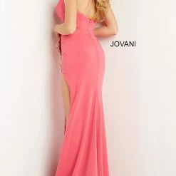 Jovani 07323 Prom Dress Strapless V Neckline Column Dress With High Slit And Ruffle