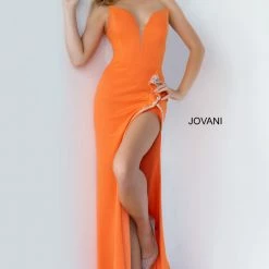 Jovani 07323 Prom Dress Strapless V Neckline Column Dress With High Slit And Ruffle
