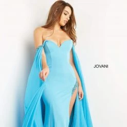 Jovani 07652 Prom Dress Cape Sleeves Pageant Gown Off The Shoulder Sweetheart Neckline Slit