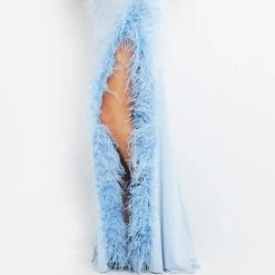 In Stock Jovani 08283 Light Blue Prom Dress Feather Trimmed Side Slit V Neckline Backless Beaded Size 4 23 In Stock Jovani 08283 Light Blue Prom Dress Feather Trimmed Side Slit V Neckline Backless Beaded Size 4