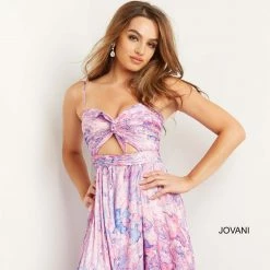 Jovani 08369 Pink Multi Prom Dress A Line Layered Print Tie Bodice Side Slit Print