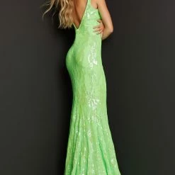 In Stock Jovani 3263 Size 12 Green Multi Long Fitted Mermaid Sequin Prom Dress Pageant Gown V Back
